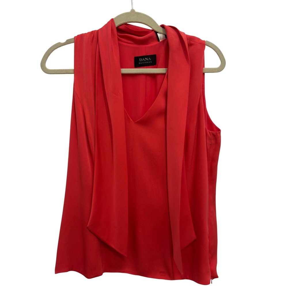 Dana Buchman Silk Scarf Neck Top 10 Coral Red Sleeveless Bow Blouse Office Siren